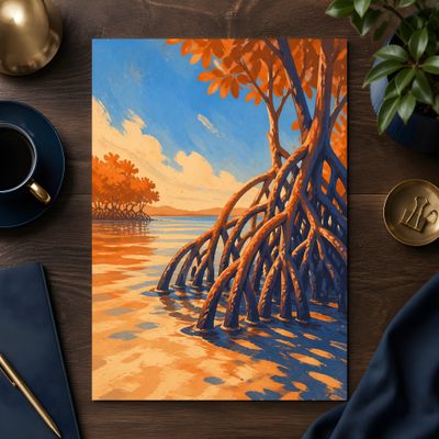 Mangrove Wall Art, Tropical Coastal Poster, Orange Blue Landscape Decor