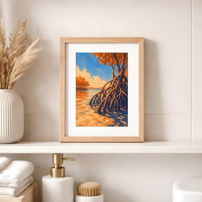 Mangrove Wall Art, Tropical Coastal Poster, Orange Blue Landscape Decor