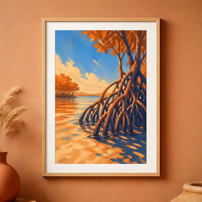 Mangrove Wall Art, Tropical Coastal Poster, Orange Blue Landscape Decor