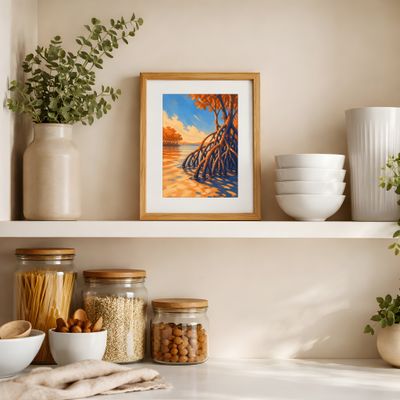 Mangrove Wall Art, Tropical Coastal Poster, Orange Blue Landscape Decor